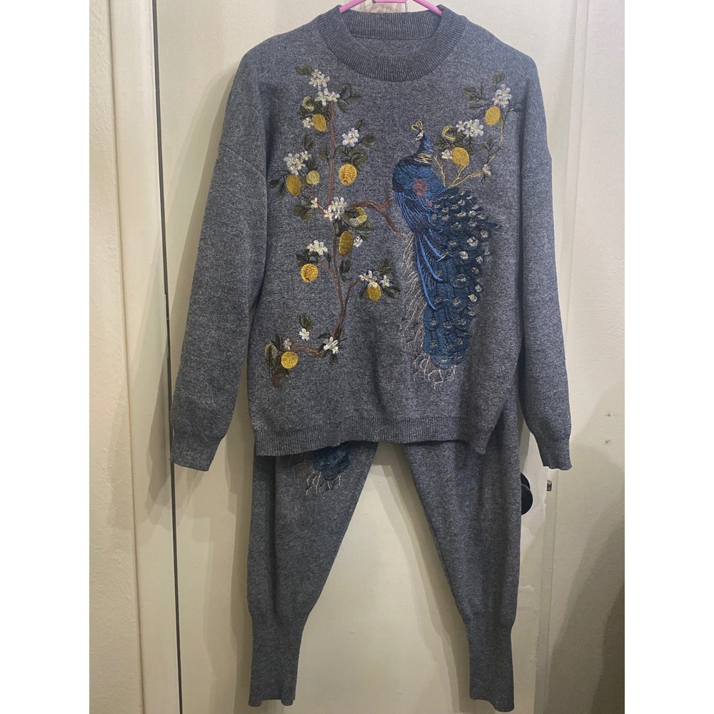 Unbranded Peacock Lemon Embroidered Sweater casual wear/ jogger set Sz L